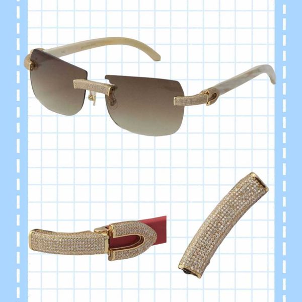 

new model micro-paved diamond sunglasses original black buffalo horn rimless genuine natural sun glasses gold c decoration male female glass, White;black
