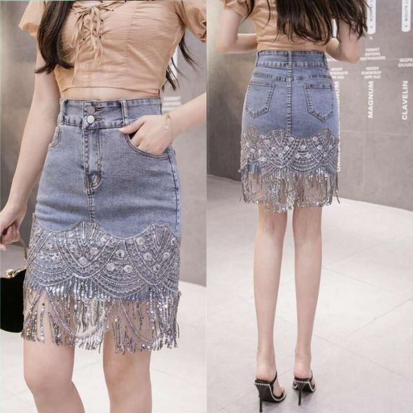 

stretched embroidered sequined denim skirt for women high waist tasseled, Black