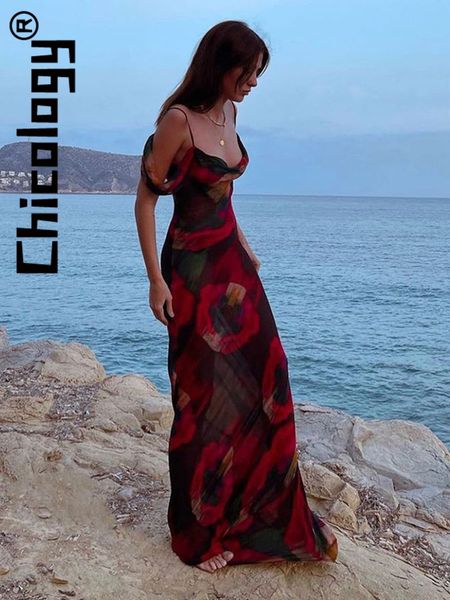 

basic casual dresses chicology women chiffon printed strap swinging collar maxi dress bodycon elegant beach vacation festival hawaii outfit, Black;gray