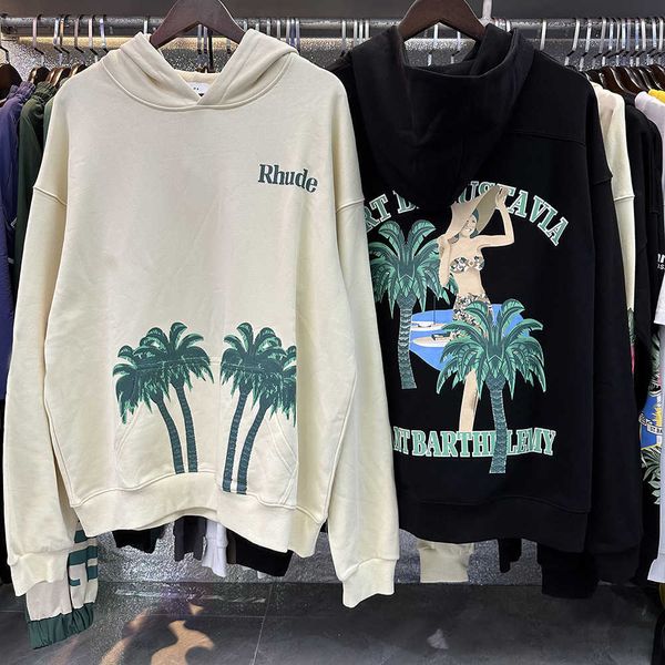 

meichao rhude coconut beach beauty print 380g heavy terry loose relaxed hoodie sweater men's and women's fashion, Black