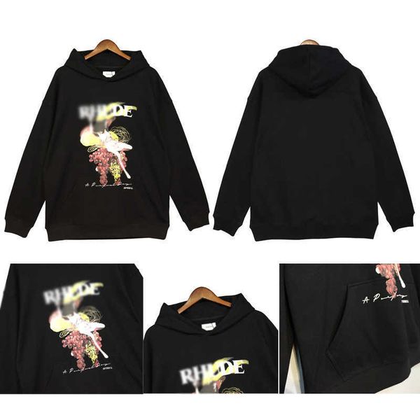 

high version rhude grape figure abstract painting printed hoodie for men and women high street loose hoodie trend, Black