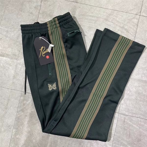 

men's tracksuits men women embroidered butterfly needles track pants classic stripe trousers blackish green awge needles pants 230825, Gray