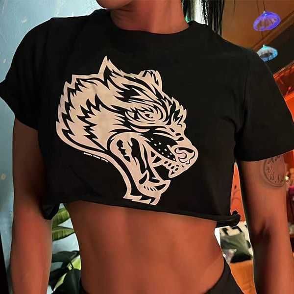 

darcsport wolf head print fitness yoga short sleeve women's sweat-absorbing loose fit open navel running sport t, Gray