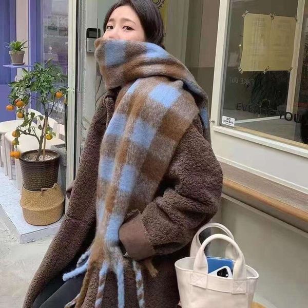 

yu shuxin autumn and winter scarf warm thick korean style all matching shawl mohair womens plaid, Blue;gray