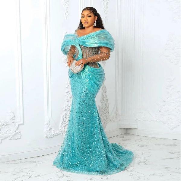 

sky blue sequined evening dresses scoop sheer neck long sleevs aso ebi prom dress plus size women party gowns, Black