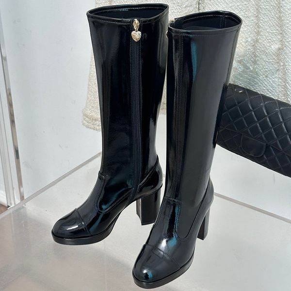 

womens knee boots designer patent leather cashmere chunky heels 8cm stretch with platform zippers heart-shaped knight motorcycle snow boot o, Black
