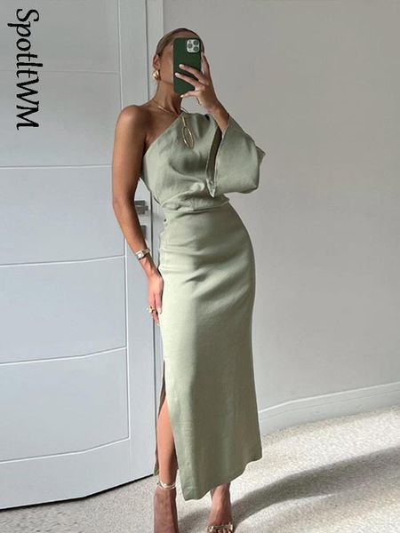 

basic casual dresse single shoulder long sleeve elegant backless split side slit bodycon dress 2023 female fashion pleated robe 230826, Black;gray