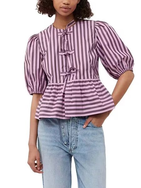 

women s blouses shirts bow lace up women blouse stripes puff sleeve fashion o neck summer 2023 female shirt 230826, White