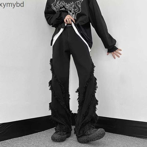 

mens jeans cyber y2k streetwear black baggy stacked flare pants for men straight loose women cotton long trousers pantalon homme 230825, Blue
