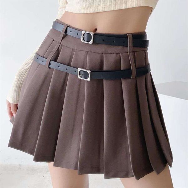

ypff trendy skirt womens wear fashioned high waist double belts suit short dress slimming safety pants plated, Black
