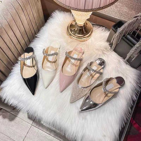 

jc pointed water bag head thin heel half slippers lacquer leather diamond chain sandals, Black