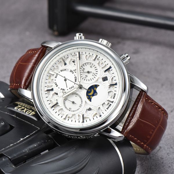 

2023 men's quartz watch business fashion watch phl sun moon watch luxury design leather watch band luxury 004, Slivery;golden
