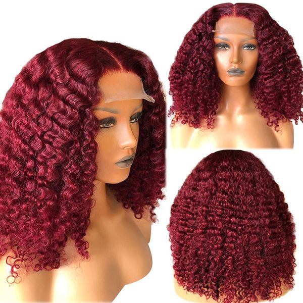 

99j red colored kinky curly wig human hair 13x4 burgundy black short bob lace front human hair wigs for women short deep curly