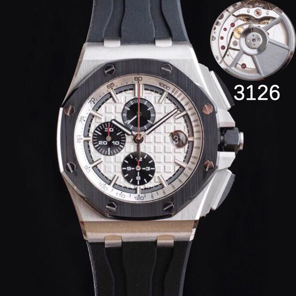 

mens luxury eta rose gold watch 3126 movement royaloak 44mm 26400 904l stainless steel white dial 5 bar waterproof automatic chronograph wat, Slivery;brown