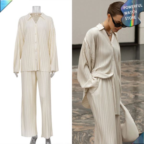 

womens two piece pants autumn arrival green straight leg casual twopiece set for women with pleated shirt and trousers suit laziness 230826, White