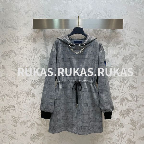 

luxury hooded waistline dress long simple casual grey matching plaid lapel cotton wool plaid skirt lazy fashion date daily commute coat, Black