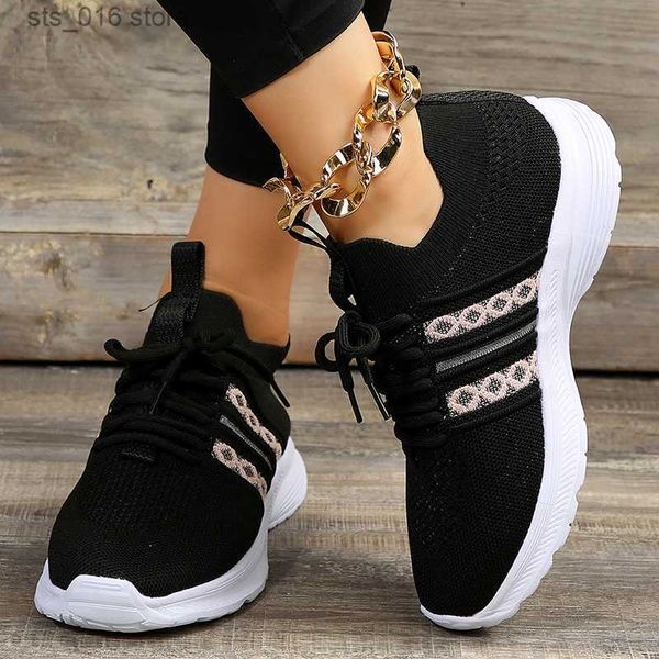 

dress shoes women's knitted breathable sneakers lightweight non slip sports tennis shoes for women 2023 autumn casual flats zapatillas, Black