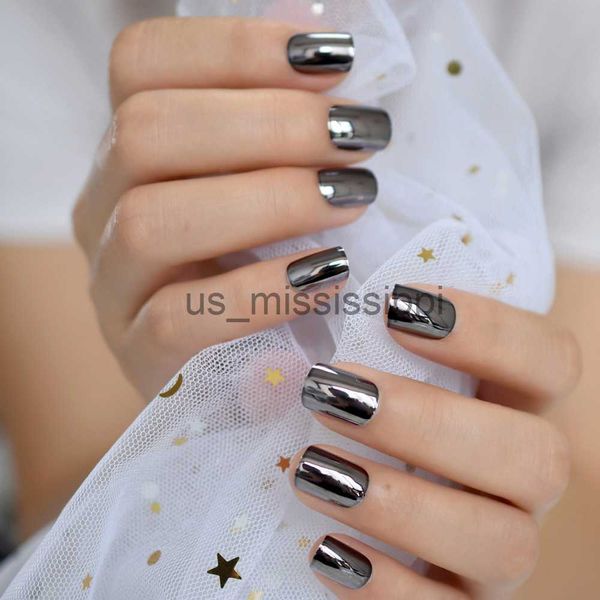 

false nails dark smoky gray reflective mirror metal plating false french acrylic nail tips punk metallic square fake nails with glue sticker, Red;gold