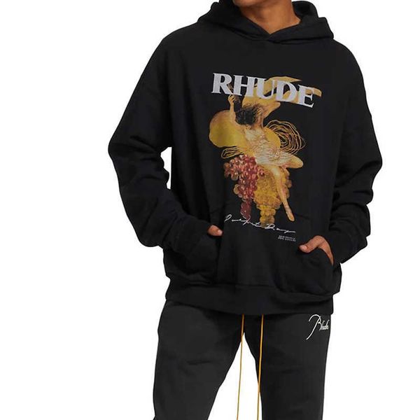 

american rhude grape figure printing terry 420g hooded sweater men's loose casual hoodie, Black