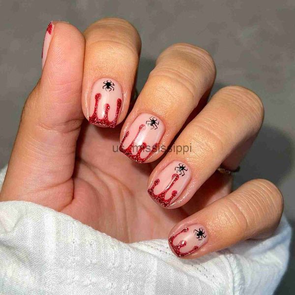 

false nails 24pcs blood drops french false nail tips short square spider fake nails funny halloween nail stickers finished manicure nail art, Red;gold