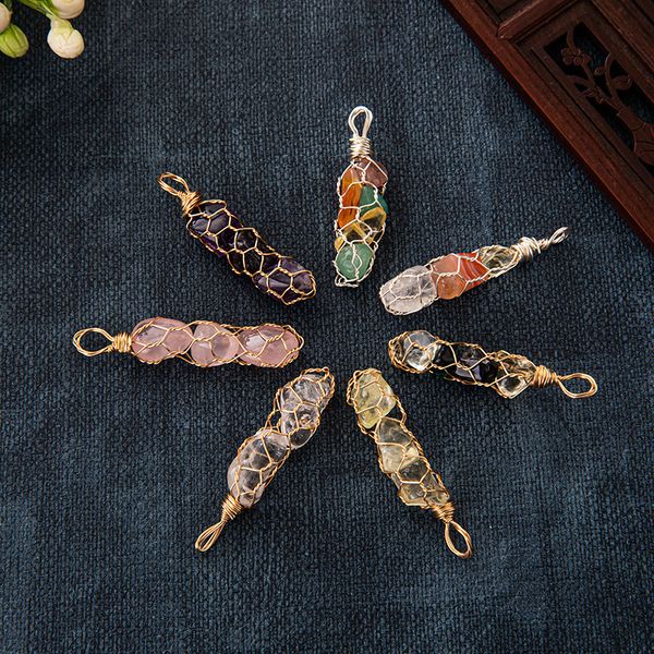 

hand woven copper wire net pendant colorful crystal raw stone beads charms for necklace earrings jewelry making accessory, Bronze;silver