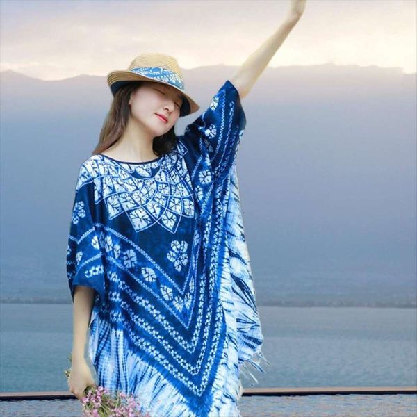 

item ethnic style scarf artistic retro tie dyed shawl headscarf female lijiang travel cloak outside, Blue;gray