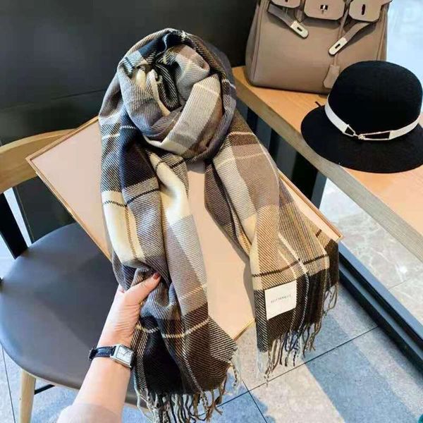 

style of vintage british tasseled plaid scarf made imitation cashmere for women in autumn and winter thickened warm, Blue;gray