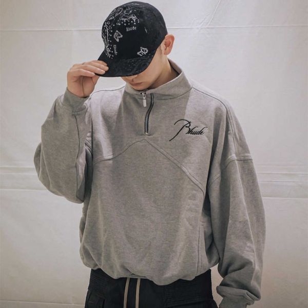 

rhude autumn winter stand collar half zip embroidery stitching casual loose men's and women's high street sweater, Black