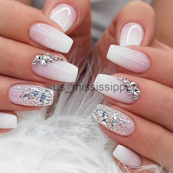 

false nails 24pcs long diamond artifical bails fake nail tips with glue design detachable press on nails gradient pink nail piece sticker x0, Red;gold