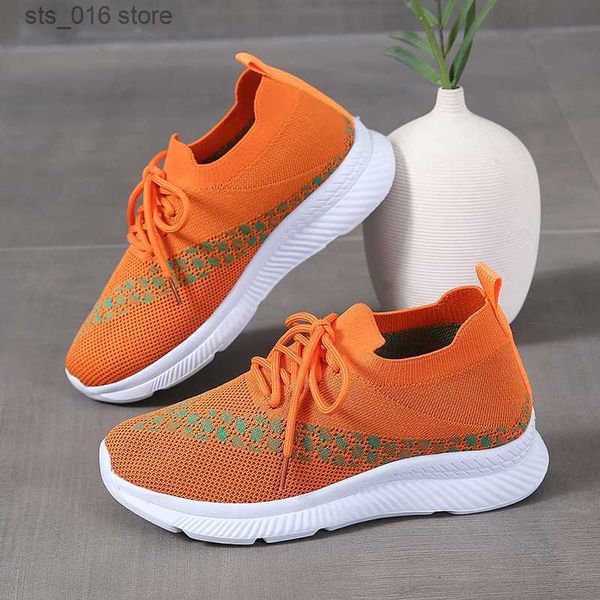 

dress shoes rimocy mix color women's knitting sneakers 2023 lace-up breathable mesh ladies sports shoes plus size 43 flat heel casual s, Black