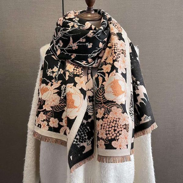

autumn and winter flowers wraps birds fashion imitation cashmere scarf women korean thick cold proof shawl, Blue;gray