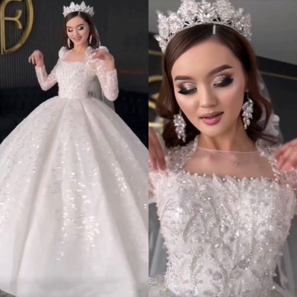 

elegant ball gown wedding dresses illusion neck beading lace puffy long sleeves wedding dress sweep train bridal gowns, White