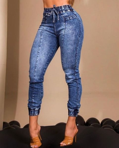 

women s jeans pant women fashion casual drawstring high waist cuffed bottom pants trousers high waist elegant 230826, Blue