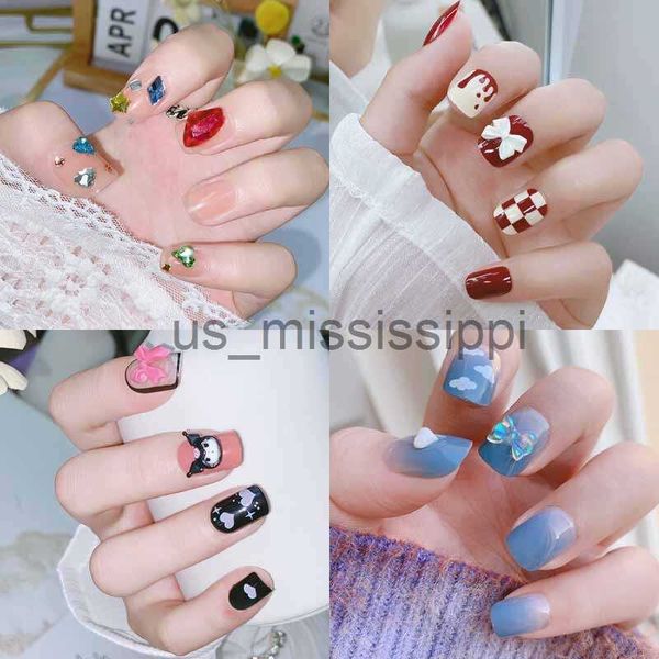 

false nails 24pcs press on nails fake nail art acrylic desige with jelly sticker false full cover short coffin suppliers nail tips x0826, Red;gold