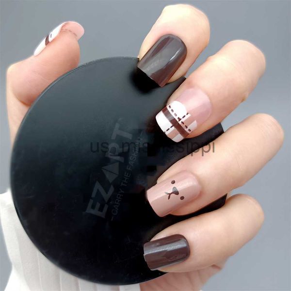 

false nails 24pcs cute fake finger nails short square with kawaii bear design anime stickers beige for s girls nail art decoration x0826, Red;gold