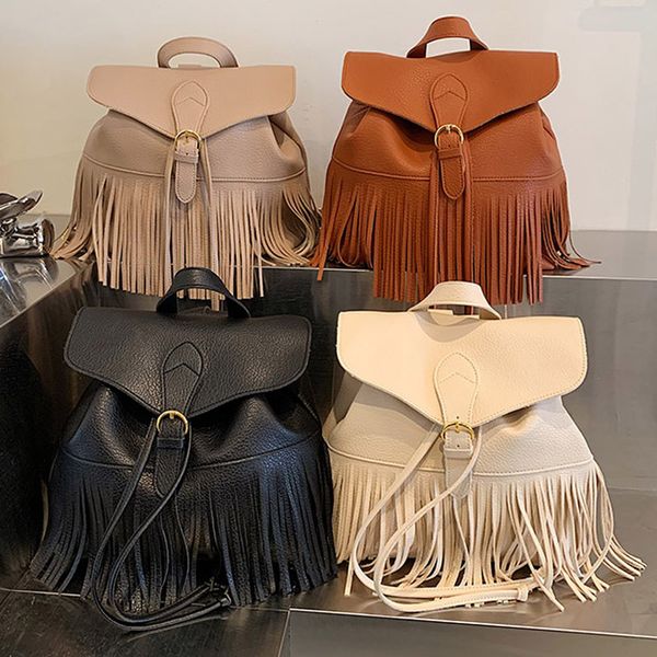 

wholesale women shoulder bags 4 colors college wind solid color leather student backpack street trend tassel handbag daily Joker belt fashion bucket bag 8367#, Black