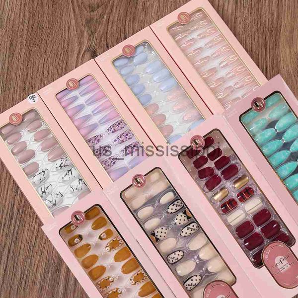 

false nails 24pcs fake nails reusable stick on nails press on full cover false nail tips with jelly stickers makeup accessories x0826, Red;gold