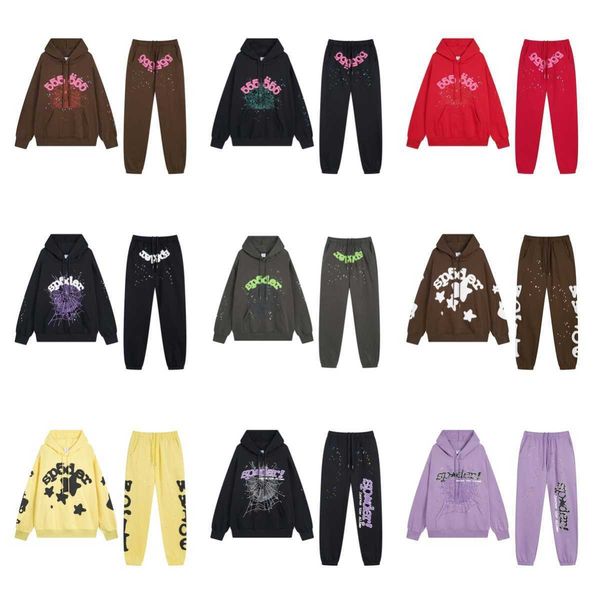 

sp5der spider web letter print hooded sweater pants high street fashion set, Black