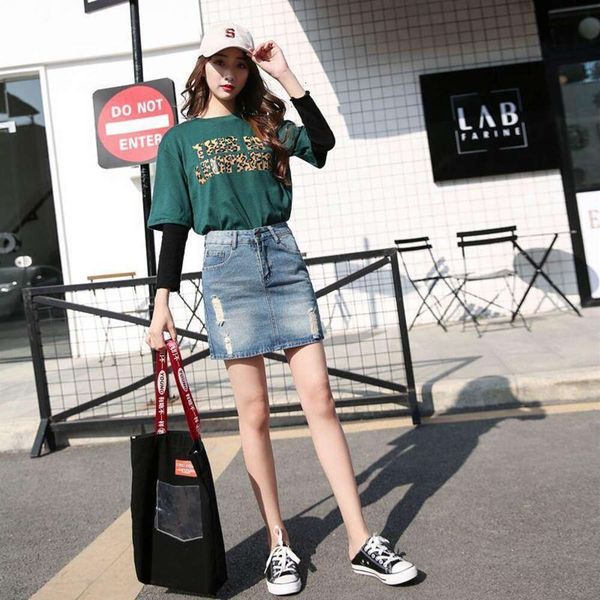 

half skirt spring and summer female cowboy short high waist hole a flat fit, Black