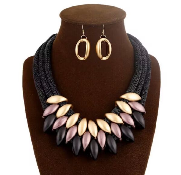 

exaggerated metal braided collarbone chain with earring set retro necklace for women girls choker party gift, Silver