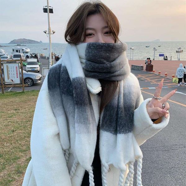 

mohair scarf for women in winter high grade color matching warm neck protection ins trend, Blue;gray