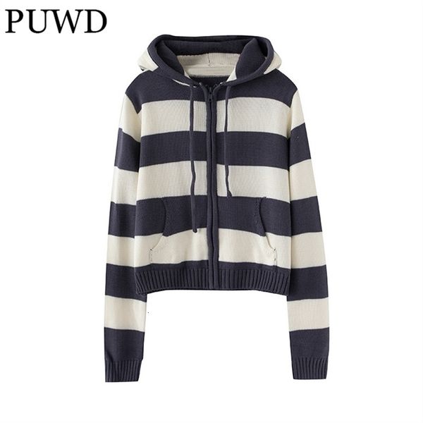 

women's sweaters puwd casual women striped hooded cardigan sweater autumn fashion ladies pocket knitwear girls chic knitted outwear 230, White;black