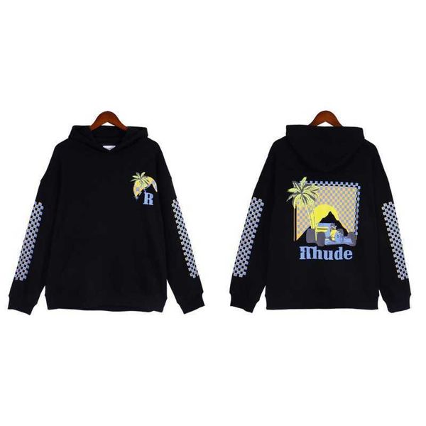 

high edition rhude autumn/winter sunset coconut tree print high street casual hoodie, Black