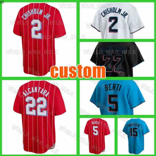 

2 jazz chisholm jr. baseball jersey 22 sandy alcantara miami miguel rojas 16 jose fernandez marlins 12 jorge soler 5 jon berti 15 brian ande, Blue;black