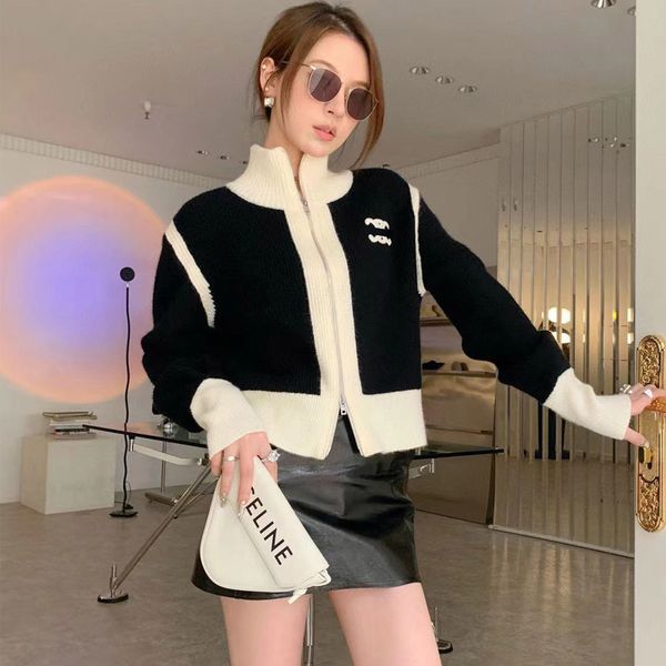 

high-end kaimen embroidery color matching knitted cardigan temperament sweater women 2023 autumn and winter casual long-sleeved zipper jacke, Black;brown