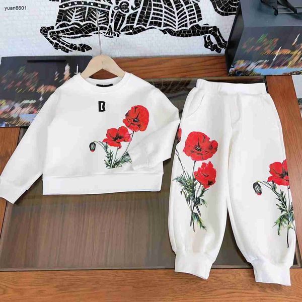

luxury tracksuits baby autumn sets kids suit size 100-150 cm 2pcs red flower and green leaf pattern printed sweater and pants aug24, White