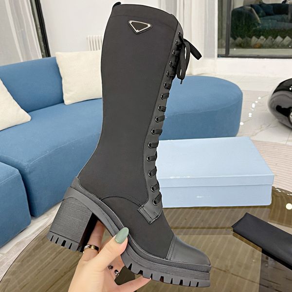 

winter 14 inch knee high boots women designer round toe .5cm high heels shoes lace up 2cm platform boot genuine leather nylon canvans party, Black