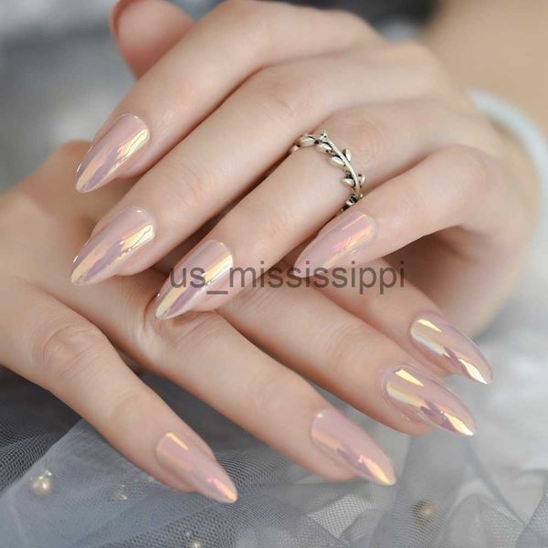 

false nails chameleon mirror nude stiletto false nails 24pcs amlond sharp artificial false nail tips for office home faux ongle sticker x082, Red;gold