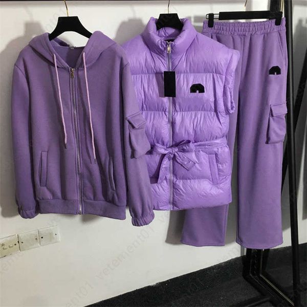 

designer tracksuit women winter warm three piece set lace-up cotton vest jacket and padded long-sleeved hooded zip up jacket with elastic wa, White