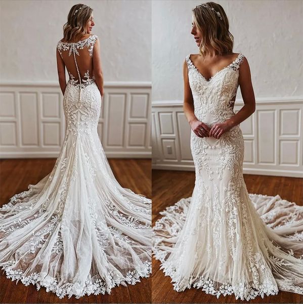 

ivory mermaid wedding dresses lace appliqued bridal gowns v neck see through covered buttons back sweep train robe de mariee, White